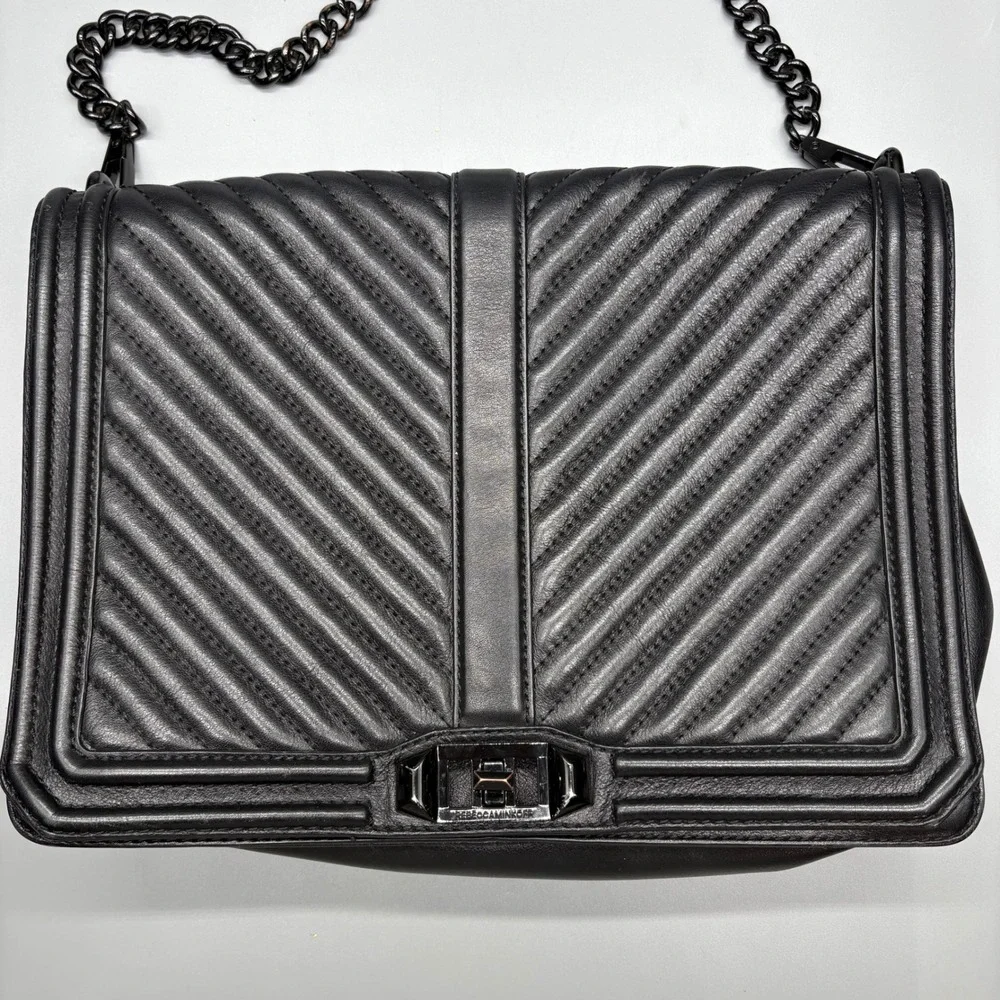 Rebecca Minkoff‎ Chevron Quilted Leather Love Crossbody Shoulder Bag Black